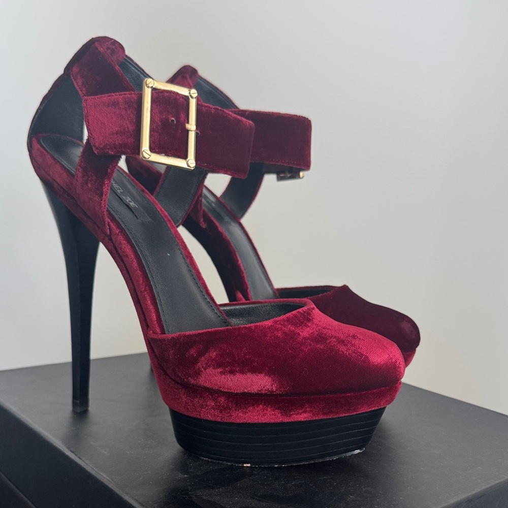 Rachel Zoe Dalia Burgundy Velvet Heels with Gold Buckle
